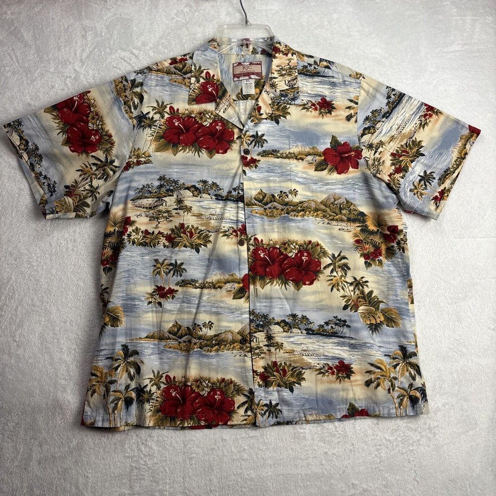 Vintage RJC Red Hibiscus Hawaiian Button Beach Shirt Made in Hawaii USA Size XL